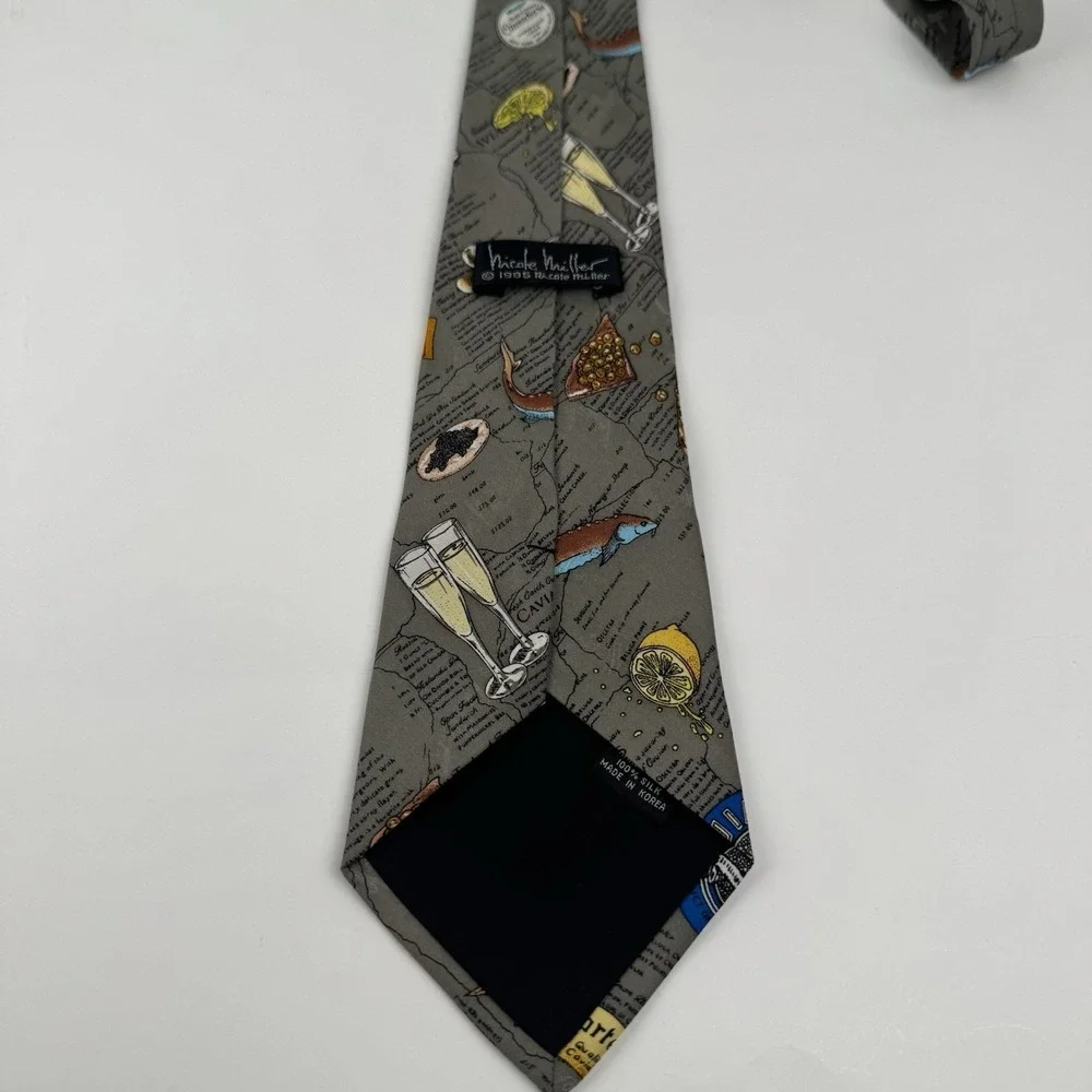 VTG Nicole Miller Caviar Cocktail Novelty Silk Tie 1995 Gray